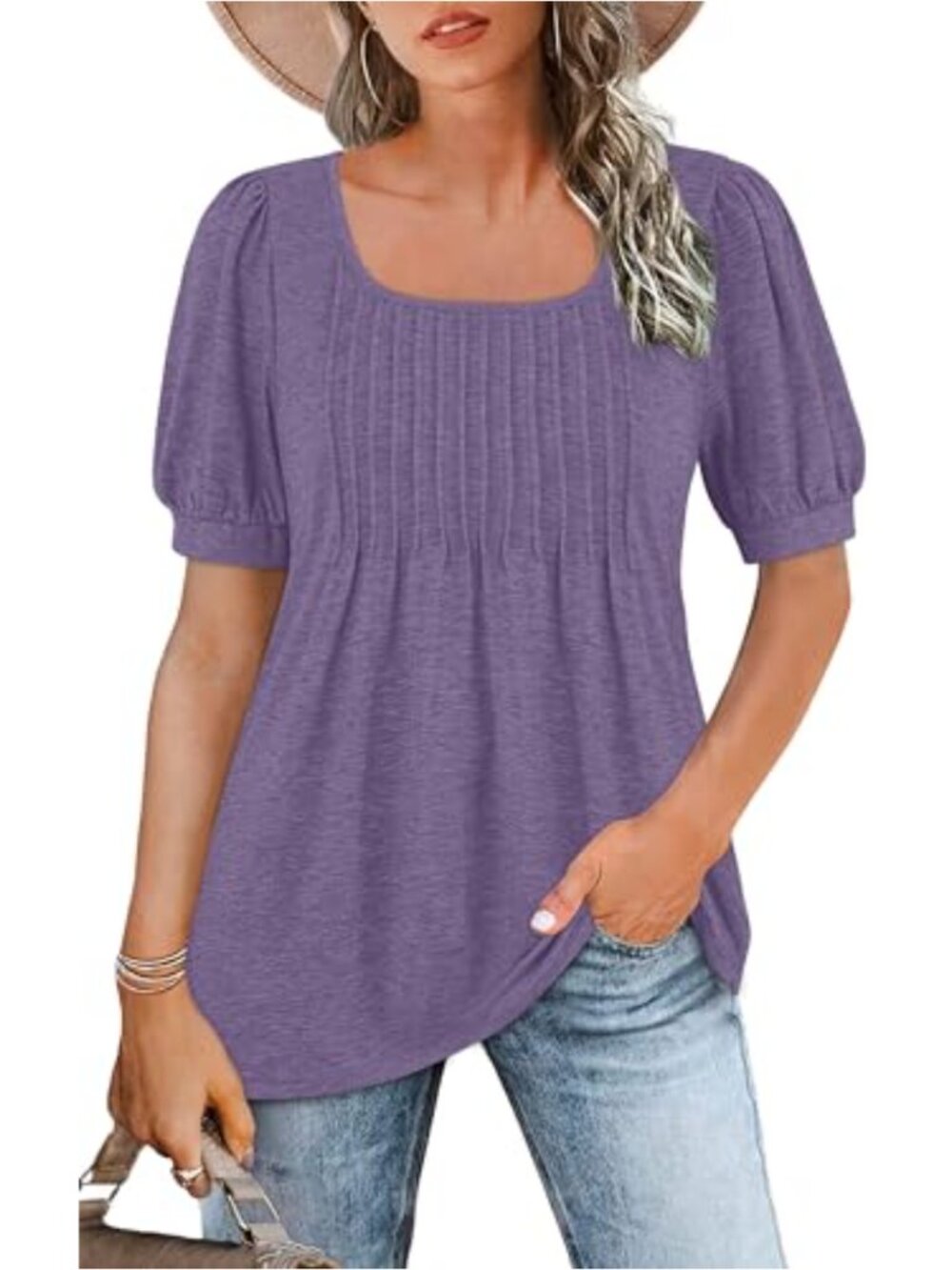 Womens Square Neck Puff Short Sleeve Babydoll Tunic Top Loose Fit Casual